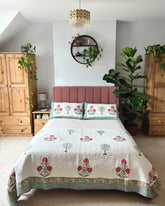 FLORAL MOTIF REVERSIBLE QUILTED COTTON THROW & PILLOWSHAMS SET