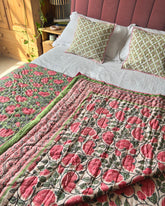 GREEN & PINK BOLD FLORAL REVERSIBLE KANTHA QUILT