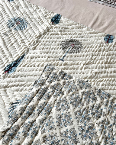 BLUE PALM REVERSIBLE  KANTHA QUILT