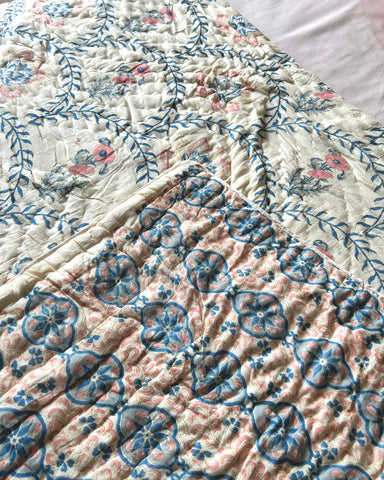 PRETTY FLORAL REVERSIBLE KANTHA QUILT