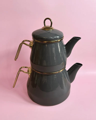 GREY ENAMEL DOUBLE TEAPOT SET