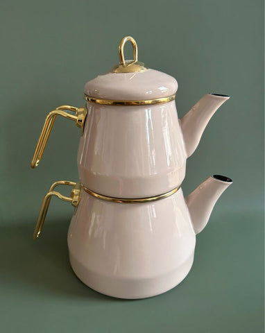 PINK ENAMEL DOUBLE TEAPOT SET