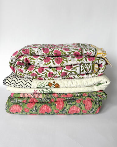 GREEN & PINK BOLD FLORAL REVERSIBLE KANTHA QUILT