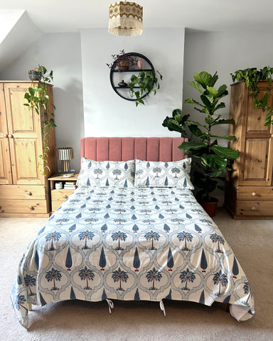 BLUE PALM DUVET COVER & PILLOWCASE SET
