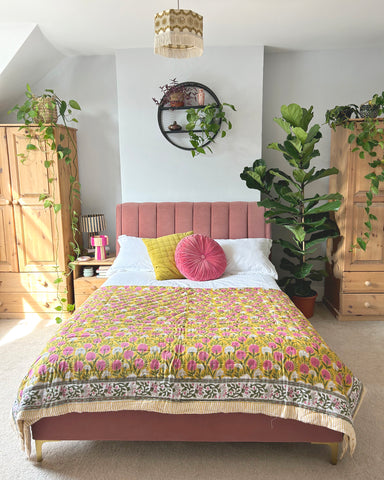 YELLOW & PINK BOLD FLORAL REVERSIBLE KANTHA QUILTS