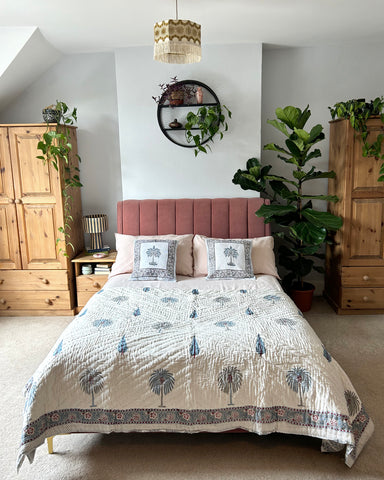 BLUE PALM REVERSIBLE  KANTHA QUILT