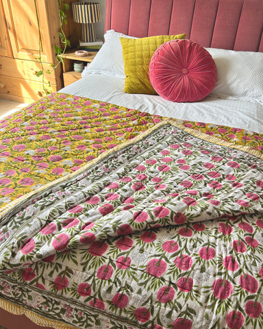YELLOW & PINK BOLD FLORAL REVERSIBLE KANTHA QUILTS