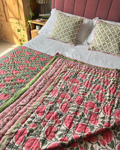GREEN & PINK BOLD FLORAL REVERSIBLE KANTHA QUILT