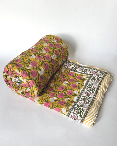 YELLOW & PINK BOLD FLORAL REVERSIBLE KANTHA QUILTS