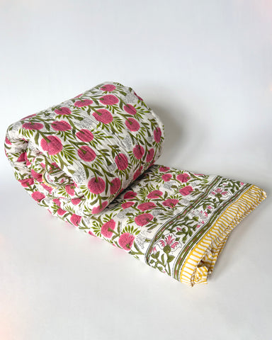 YELLOW & PINK BOLD FLORAL REVERSIBLE KANTHA QUILTS