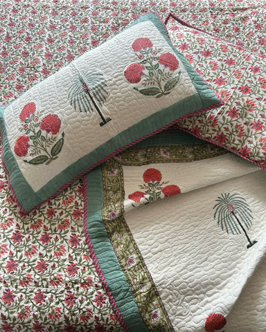 FLORAL MOTIF REVERSIBLE QUILTED COTTON THROW & PILLOWSHAMS SET