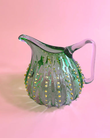 GREEN BLOWN GLASS HOBNAIL JUG