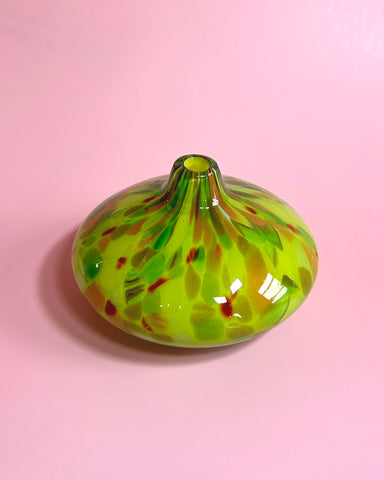 SMALL GREEN SPECKLED BLOWN GLASS VASE