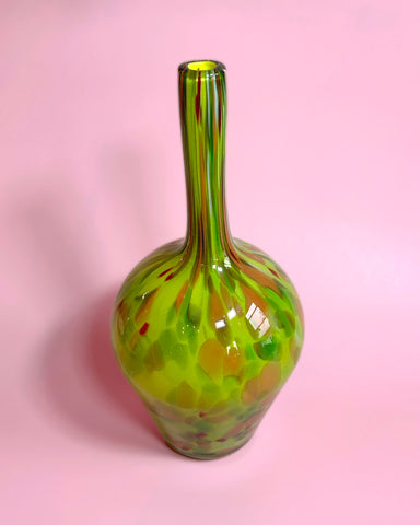 TALL GREEN SPECKLED BLOWN GLASS VASE